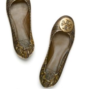 Tory Burch Brown Reva Metallic Lizard Print Flats